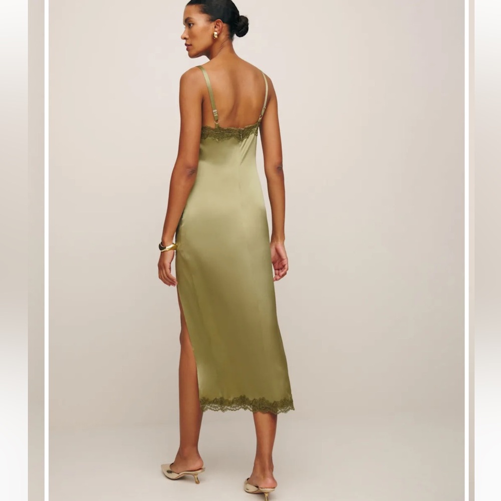 Reformation Karissa 100% Silk Midi Dress Olive Oil Green size 6 - Picture 2 of 16